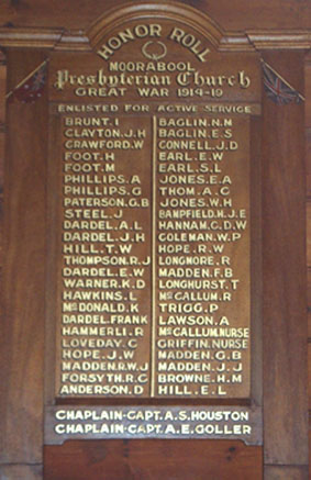 Moorabool Presbyterian Church Honour Roll (First World War)