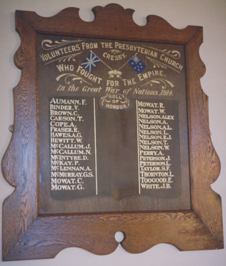 Cressy Presbyterian Church Honour Roll (First World War)