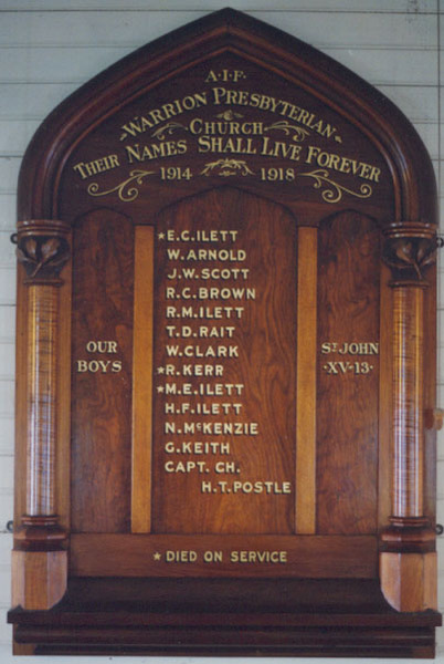 Warrion Presbyterian Church Honour Roll (First World War)