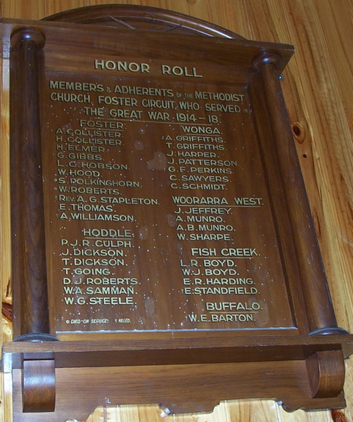 Foster Methodist Church Honour Roll (First World War)