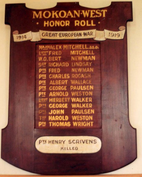 Mokoan West Honour Roll (First World War)