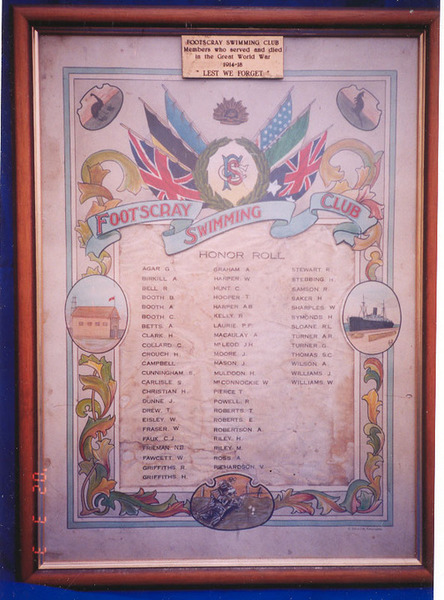 Footscray Swimming Club Honour Roll (First World War)