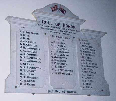 Bacchus Marsh Presbyterian Church Honour Roll (First World War)