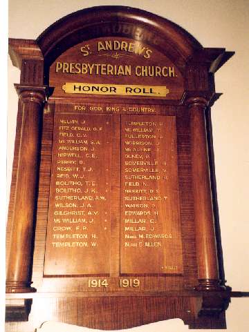 Riddell Creek Presbyterian Church Honour Roll (First World War)