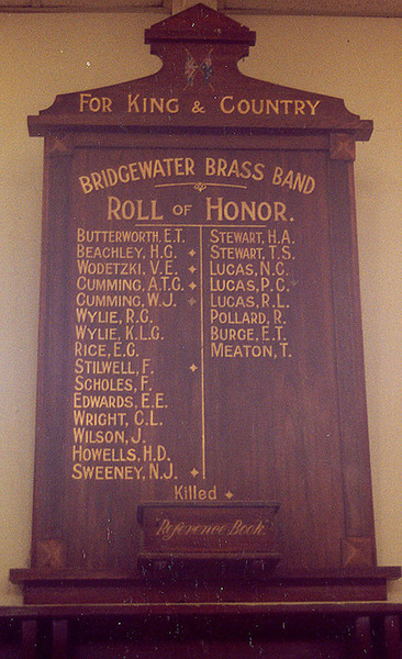 Bridgewater Brass Band Honour Roll (First World War)