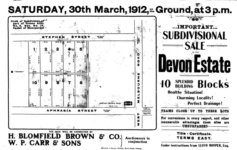 Figure 16: 'Devon Estate' subdivision plan, 30 March 1912. Source: Folio 7, Geelong Library &amp; Heritage Centre.