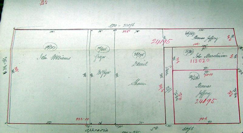 Figure 3: Sketch plan of McMullen's subdivision of portion of Crown allotment 2 of Section 10, 1855. Source: W. McMullen &amp; Others, Land Application 241951, General Law Library, Laverton.