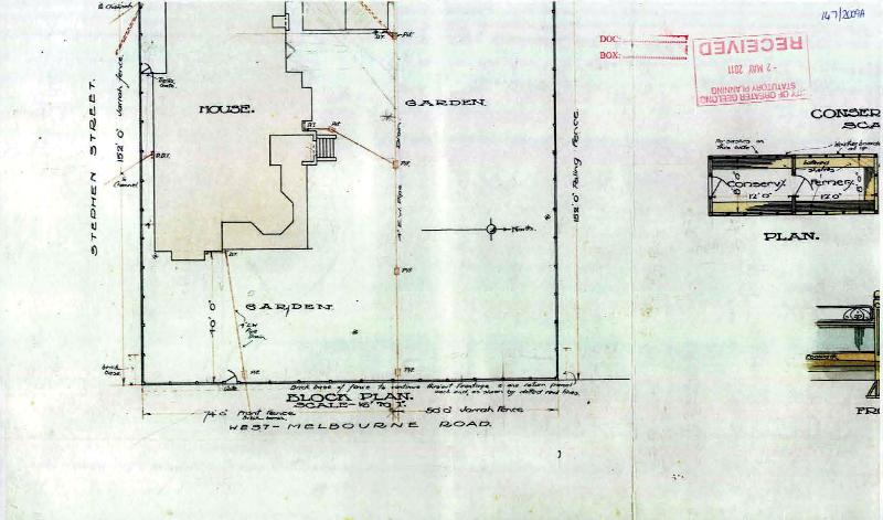Figure 8: Laird &amp; Buchan, Part of site plan of property, part plan of conservatory &amp; fernery and part front elevation of front fence, c.1914. Source: Statutory Planning Department, City of Greater Geelong.