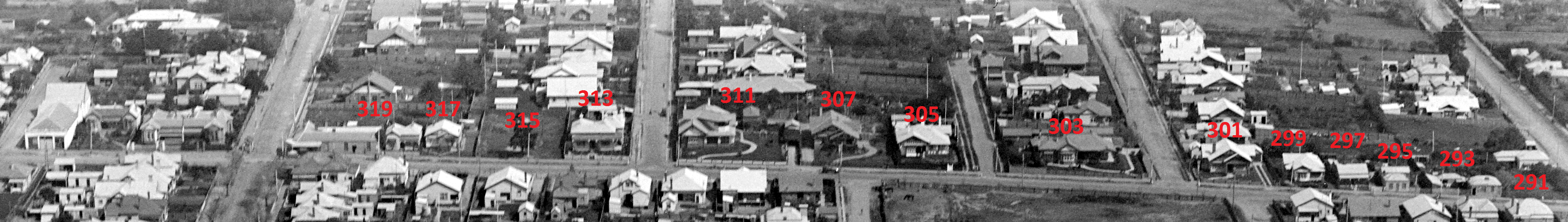 Figure 9: West Melbourne Road, showing properties on west side between 291 and 319 Shannon Avenue (with red numbers represent the current addresses of the properties), October 1927. Source: C. Pratt, La Trobe Picture collection, State Library of Victoria,