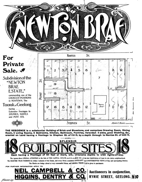 Figure 17: 'Newtown Brae Estate' subdivision plan 1912. Source: GRS 2030/N10, Geelong Library &amp; Heritage Centre.