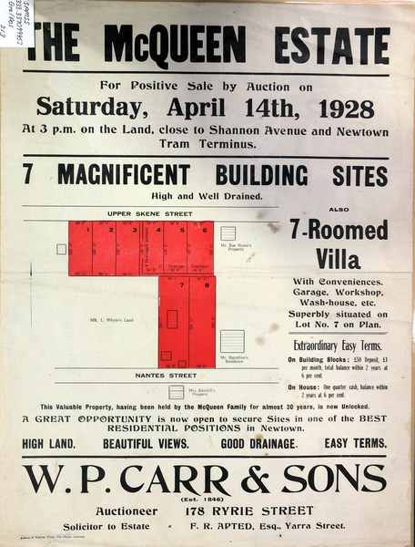 Figure 11: McQueen Estate subdivision plan, 14 April 1928. Source: Alfred Deakin Library, Deakin University, 333.337099452 Gre/Pos.