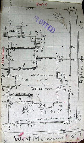 Figure 3: GWST Fieldbook plan 149 for 'Rathcoursey', 321 Shannon Avenue, 18 July 1912. Source: Barwon Water.