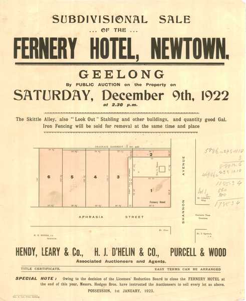 Figure 7: 'Fernery Hotel' subdivision plan, 9 January 1922. Source: GRS 2030/F35, Geelong Library &amp; Heritage Centre.