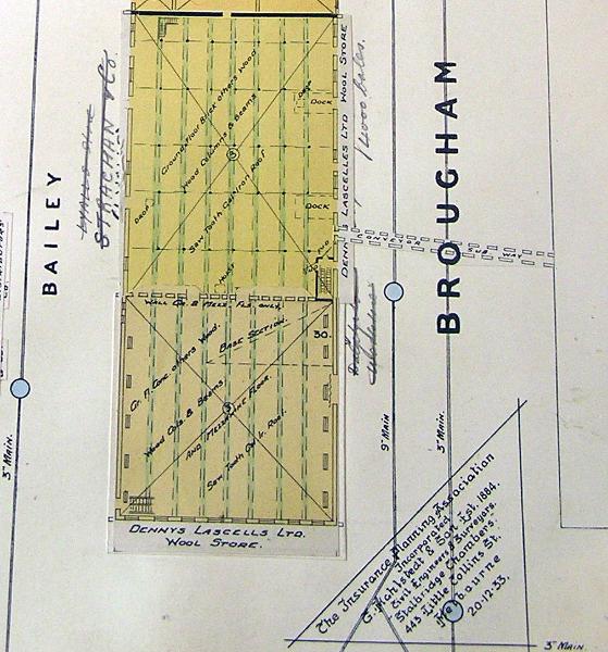 Fig 13. The Insurance Planning Association Plan of the Dennys Lascelles Wool Store showing the convey subway under Brougham Street (on the right), c.1954.