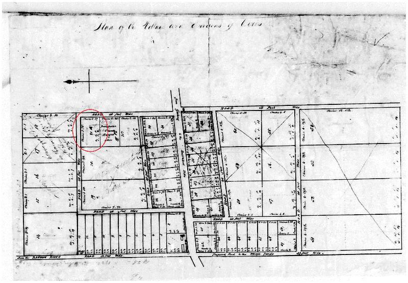 Figure 2: Fisher's subdivision plan of the Ceres Village, 1850. The circled allotment is the location of Hurley House. Source: Maps &amp; Plans collection, 17/60, Geelong Library &amp; Heritage Centre.