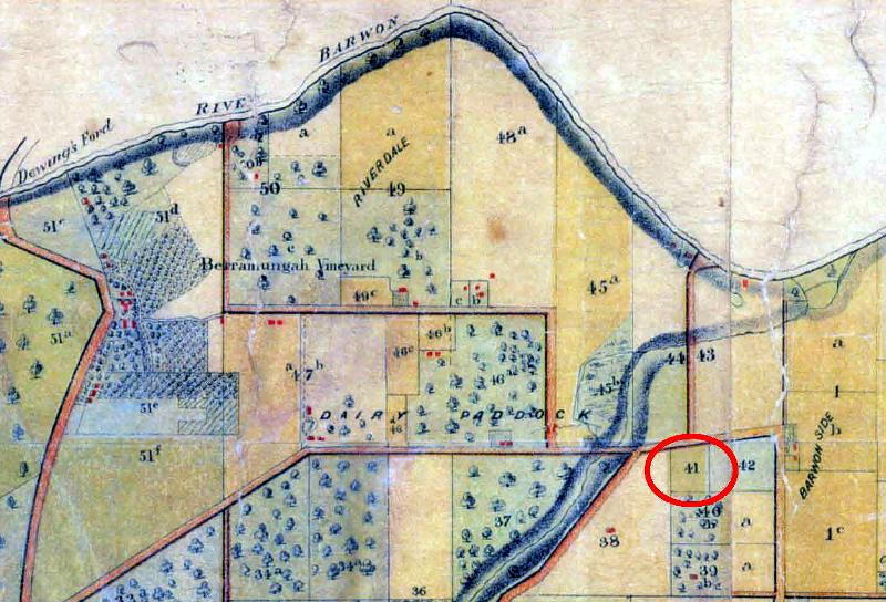 Figure 2: A. McWilliams, Plan of the Barrabool Parish, 1861, showing Thomas Heard's 'Riverdale' property (top-centre) and lots 41 (purchased 1851) and lot 38 (purchased 1859). Source: Jennifer Bantow, National Trust of Australia (Victoria) Geelong &amp; R