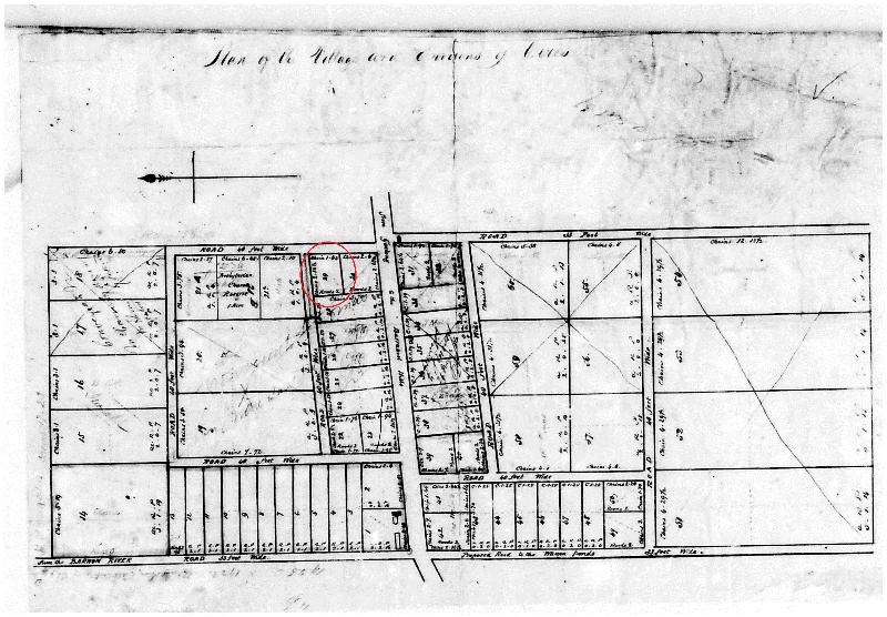 Figure 2: Fisher's subdivision plan of the Ceres Village, 1850. The circled allotment is the location of the former Wesleyan Church and Sunday School. Source: Maps &amp; Plans collection, 17/60, Geelong Library &amp; Heritage Centre.