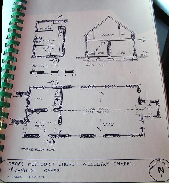 Figure 3: K. Poyner, Ground &amp; Mezzanine Floor Plans &amp; Section Drawing of the Ceres Church. Source: 'Sandstone Buildings in the Parish of Barrabool Part A: The Public Building in and around Ceres', Research Report, School of Architecture, Deakin Un