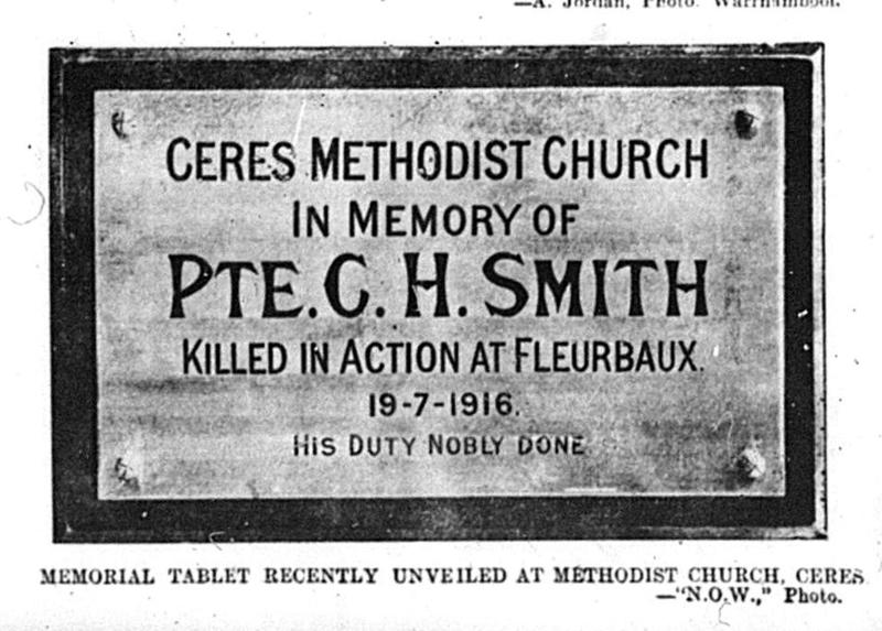 Figure 5: Detail of Memorial Tablet to Private C.H. Smith, Ceres Church, 1919. Source: News of the Week, 25 December 1919.