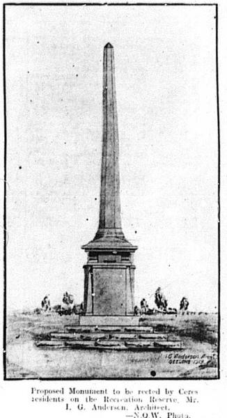 Figure 3: I.G. Anderson, Proposed Monument for the Recreation Reserve, Ceres, 1919. Source: News of the Week, 19 June 1919, Geelong Library &amp; Heritage Centre collection.