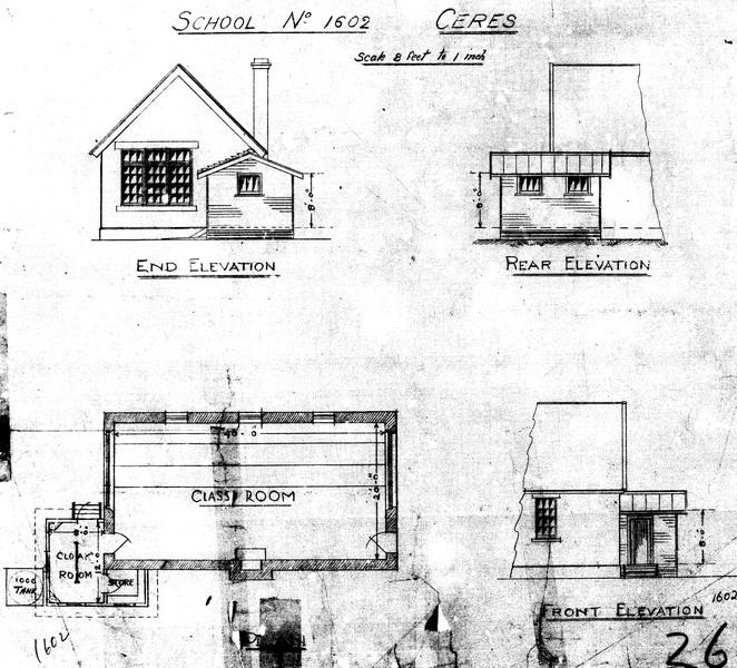 Figure 2: Plan and Elevation Drawings, Ceres State School no. 1602, n.d. (c.1948) showing original roof form and early cloakroom. Source: Drawing SSN 1602.1, Public Record Office Victoria.