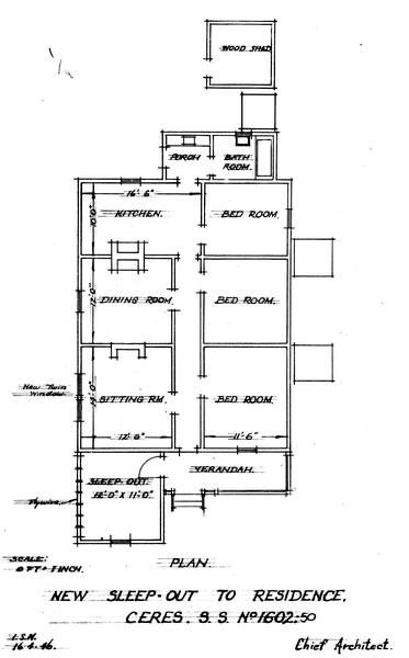 Figure 5: Proposed sleep out addition to Teacher's Residence, 16 April 1946 Source: Drawing SS 1602.50, Public Record Office Victoria.