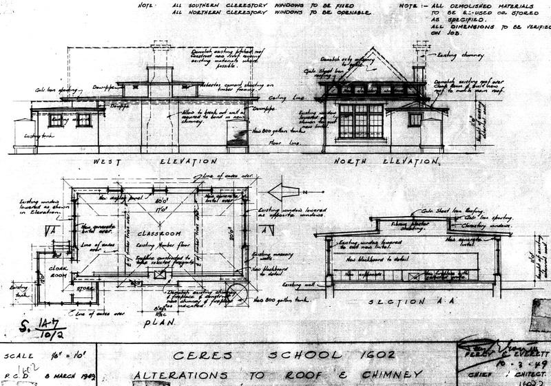 Figure 9: P. Everett, Proposed Alterations to Ceres School ? Floor Plan, Elevations &amp; Section, 10 March 1949, Source: Drawing SSN 1602.2, Public Record Office Victoria.