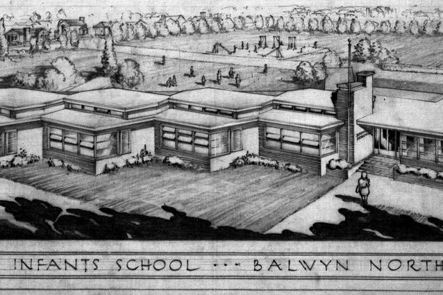 Figure 23: P. Everett, Perspective drawing of proposed Infants School, Balwyn North, 1948. Source: Architectureau online, January 2017: http://architectureau.com/articles/designing-australian-schools/