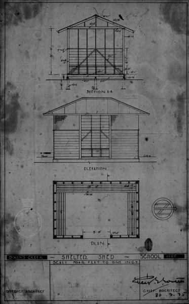 Figure 24: P. Everett, Plan, Elevation &amp; Section A-A drawing of proposed Shelter Shed, Dixons Creek State School, 30 March 1935. Source: Building Services Agency (BSA) drawing, SSO1585.2, Public Record Office Victoria.