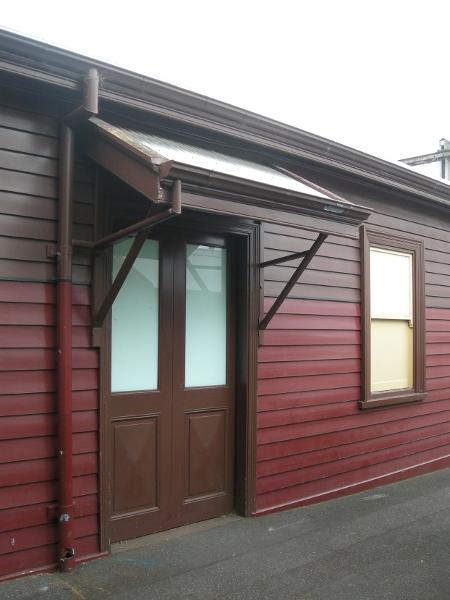 Platform 1 building - glazed timber doors and awning within the southeast-facing elevation