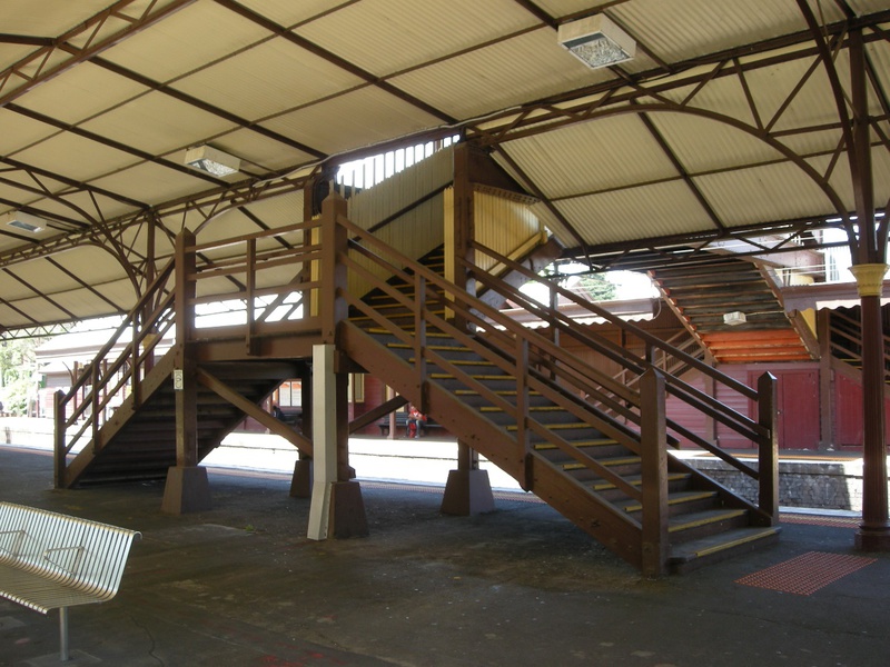 Access stairs to footbridge viewed from the southwest - from beneath the Platform 2 and 3 canopy