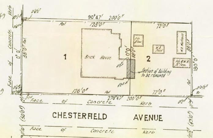 Figure 5. A plan of the property in 1959, upon application forsubdivision for the rear section. To allow for subdivision, anon-original (c1950s) addition to the rear of the house was removed(hatched), along with