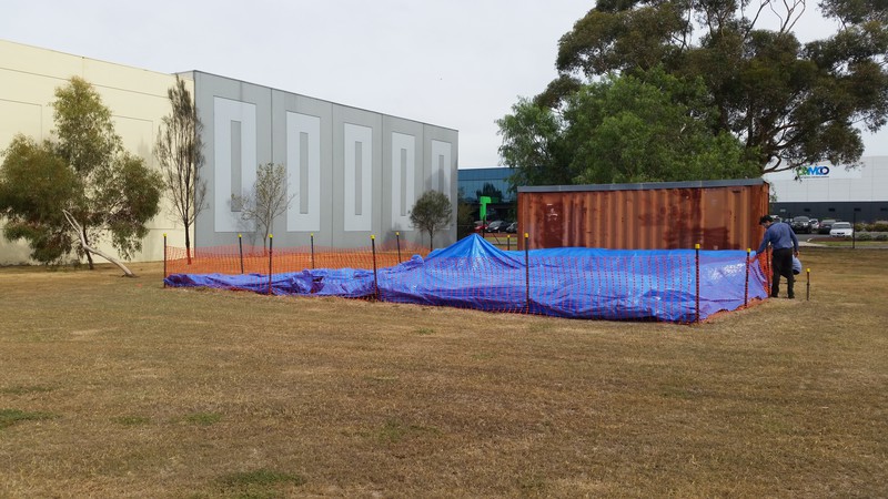 View of prefabricated building in dismounted state May 2018 at Harrick Road