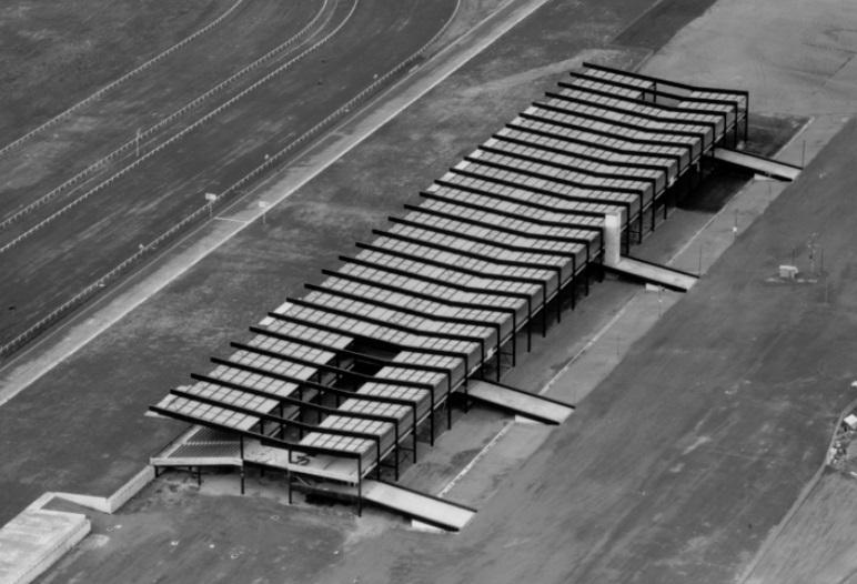 The grandstand (prior to interior fitout) as seen in aerial photograph by Lyle Fowler 1963.jpg