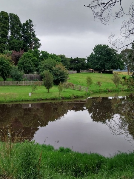 View of homestead from across the dam. Different types of fencing visible. 2023.