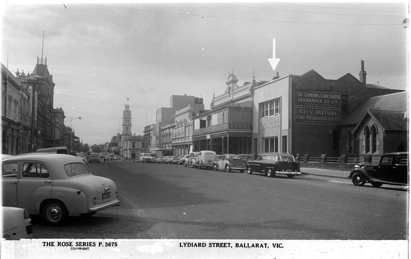 Lydiard Street South, east side, c.1955-c.1960, showing London &amp; Lancashire Offices (at right, indicated by arrow)