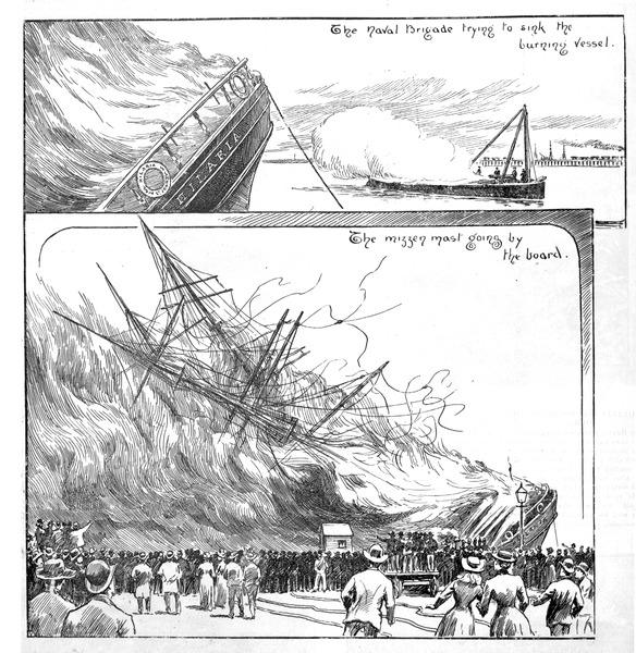 2/2 THE HILARIA BURNING AT THE PORT MELBOURNE TOWN PIER. David Syme &amp; Co, Melbourne, 1895.  3 prints: wood engravings published in the Australian news
